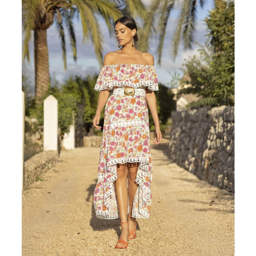 Miss June Rayan Off The Shoulder Floral Lace Ruffle Maxi Midi Dress Boho Pink - Picture 12 of 12